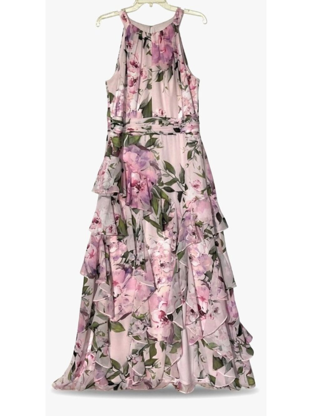 New Xscape Floral Pink Chiffon Halter Ruffled Prom Party Gown Maxi Dress - Picture 3 of 12